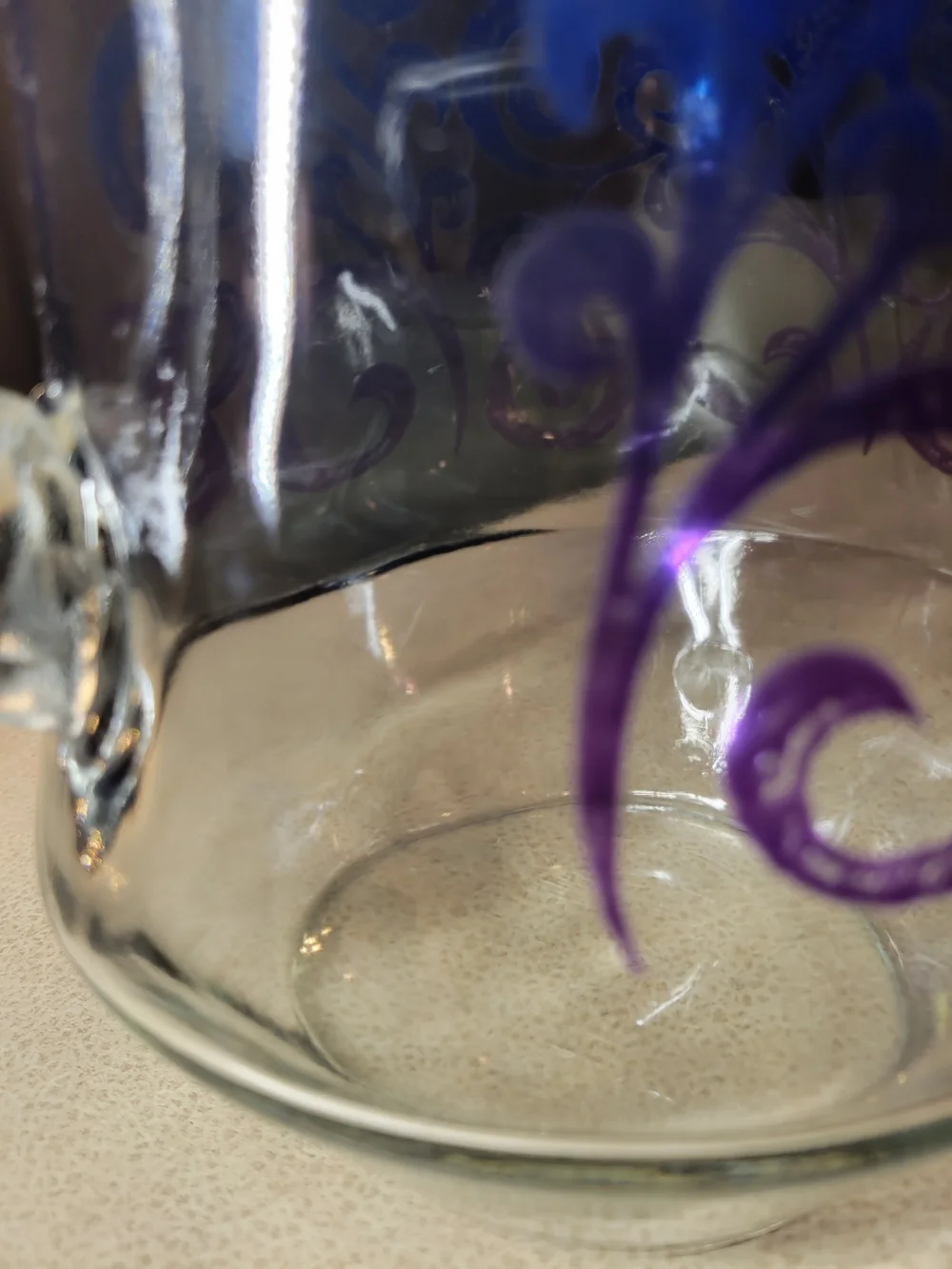 Vintage Glass Pitcher with Blue & Purple Scroll Design
